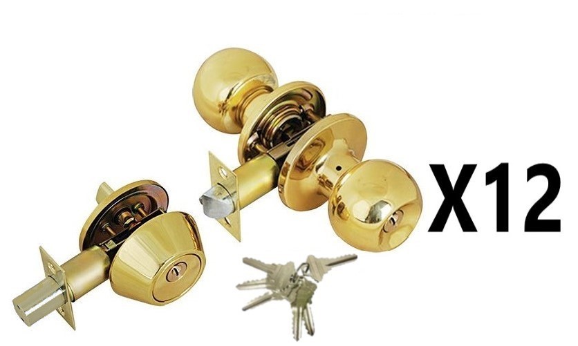 (12 PIECES) ADIR - PREMIUM UPGRADE ENTRY DOOR KNOB COMBO LOCK SET WITH SOLID BRASS DEADBOLT LATCH AND 6 SC1 KEYS (BRASS FINISH US3) (KEYED ALIKE)