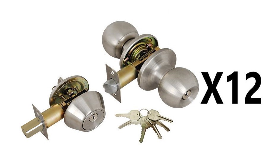 (12 PIECES) ADIR - PREMIUM UPGRADE ENTRY DOOR KNOB COMBO LOCK SET WITH SOLID BRASS DEADBOLT LATCH AND 6 KW1 KEYS (STAINLESS STEEL US32D) (KEYED ALIKE) 