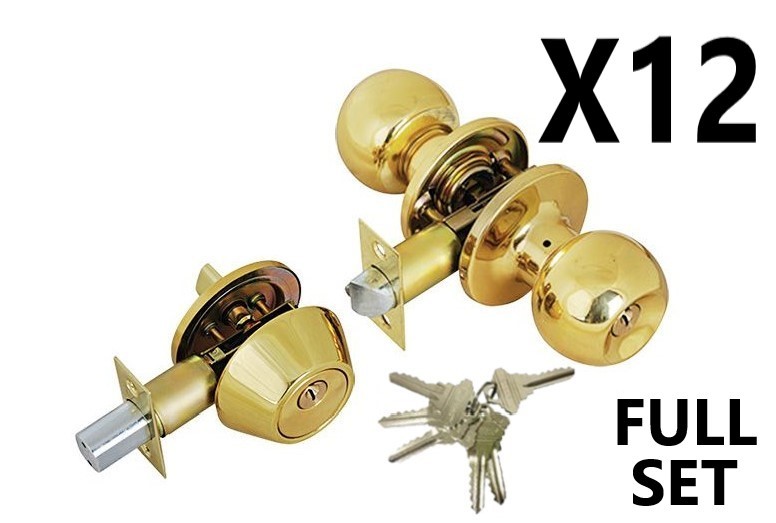 (12 PIECES) ADIR - ENTRY DOOR KNOB COMBO LOCK SET WITH DEADBOLT AND 6 SC1 KEYS (BRASS FINISH US3) (KEYED ALIKE)