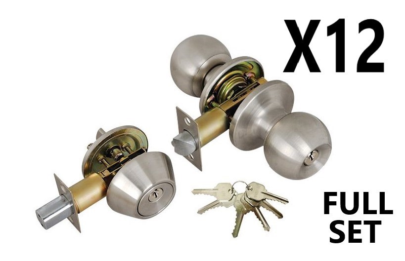 (12 PIECES) ADIR - ENTRY DOOR KNOB COMBO LOCK SET WITH DEADBOLT AND 6 KW1 KEYS (STAINLESS STEEL US32D) (KEYED ALIKE) 