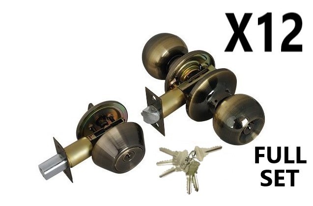 (12 PIECES) ADIR - ENTRY DOOR KNOB COMBO LOCK SET WITH DEADBOLT AND 6 SC1 KEYS (ANTIQUE BRASS FINISH US5) (KEYED ALIKE)