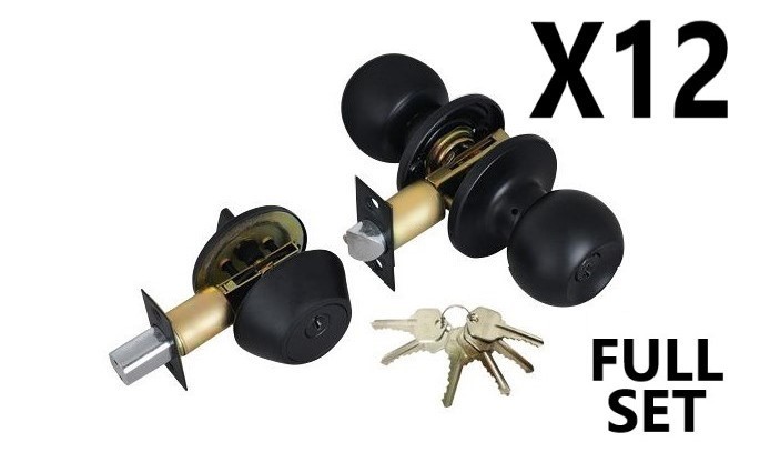 (12 PIECES) ADIR - ENTRY DOOR KNOB COMBO LOCK SET WITH DEADBOLT AND 6 KW1 KEYS (BLACK FINISH US10B) (KEYED ALIKE)