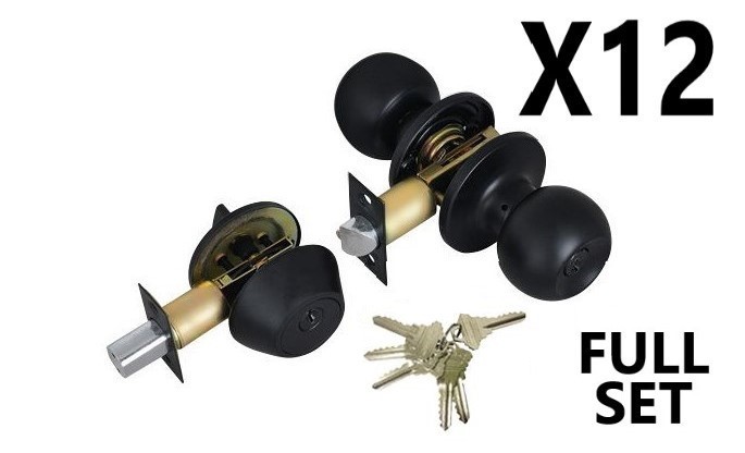 (12 PIECES) ADIR - ENTRY DOOR KNOB COMBO LOCK SET WITH DEADBOLT AND 6 SC1 KEYS (BLACK FINISH US10B) (KEYED ALIKE) 