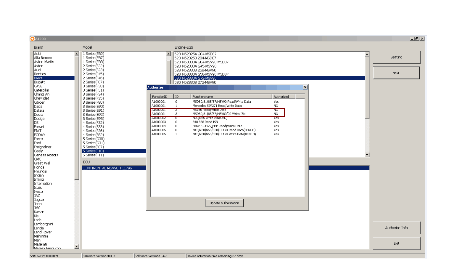 AT-200 UPGRADE FOR BMW MSD80/MSD81/MSD85/MSD87/MSV80/MSV90 WRITE ISN AND MSV80 READ/WRITE ISN, BACKUP AND RESTORE DATA