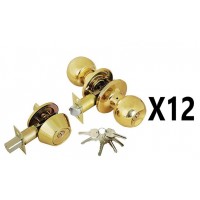 (12 PIECES) ADIR - PREMIUM UPGRADE ENTRY DOOR KNOB COMBO LOCK SET WITH SOLID BRASS DEADBOLT LATCH AND 6 KW1 KEYS (BRASS FINISH US3) (KEYED ALIKE)