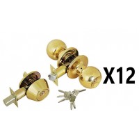(12 PIECES) ADIR - PREMIUM UPGRADE ENTRY DOOR KNOB COMBO LOCK SET WITH SOLID BRASS DEADBOLT LATCH AND 6 SC1 KEYS (BRASS FINISH US3) (KEYED ALIKE)